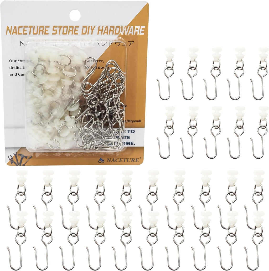 NACETURE Stainless Steel Curtain Hooks with Rings, 30 Pack