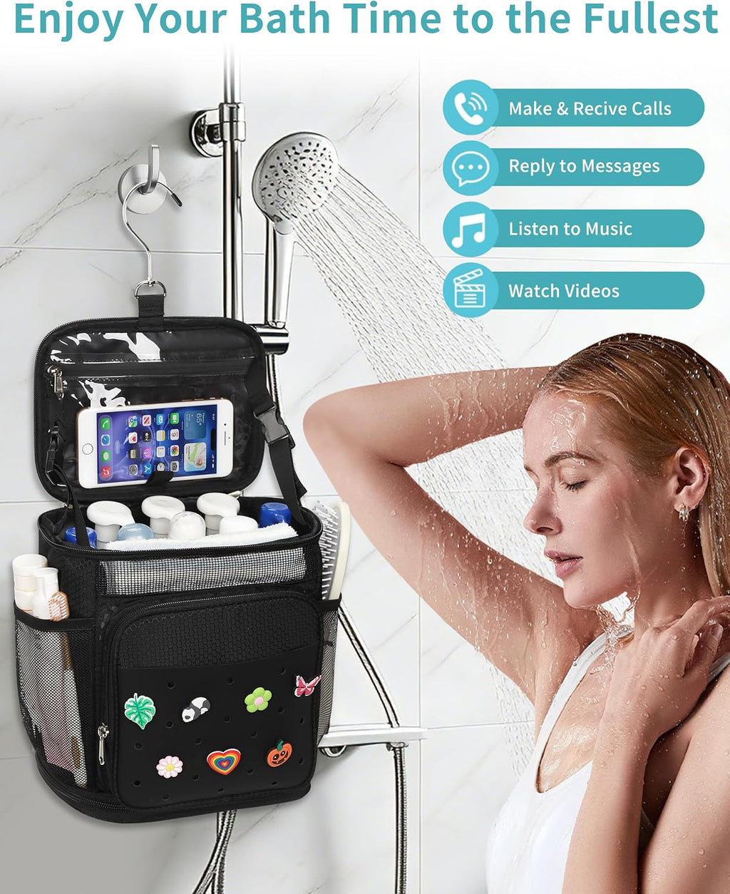Shower Caddy Portable, Hanging Shower Caddy for College Dorm Room Essentials, Mesh Shower Bag with DIY Decoration Charms, Large Capacity Toiletry Bag for Gym, Swiming, Camping, Bathroom, Beach, Travel