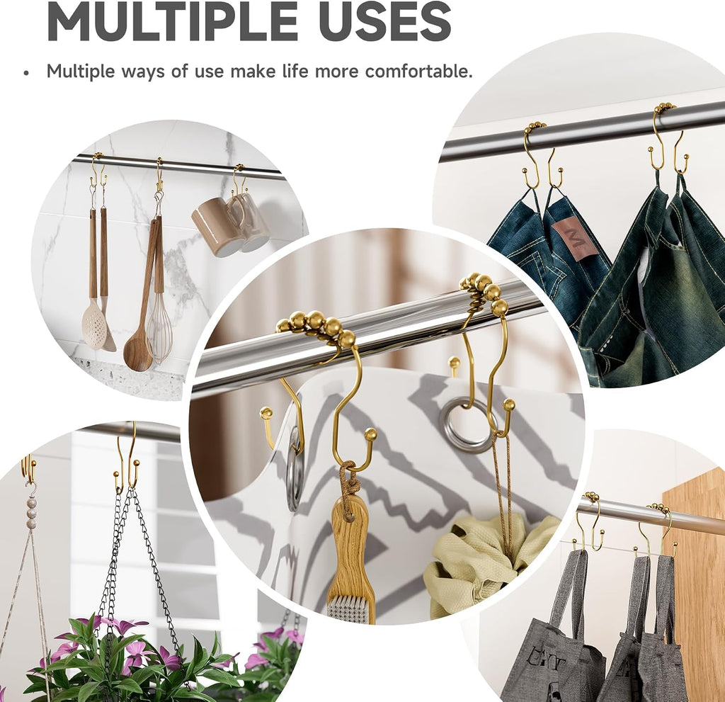 Bathway Shower Curtain Hooks, Shower Curtain Rings Rust Proof Double Hook Shower Curtain Hooks, 12 Pcs Bright Gold Shower Hooks for Shower Curtain, Shower Rings for Curtain, Metal Shower Rod Hooks
