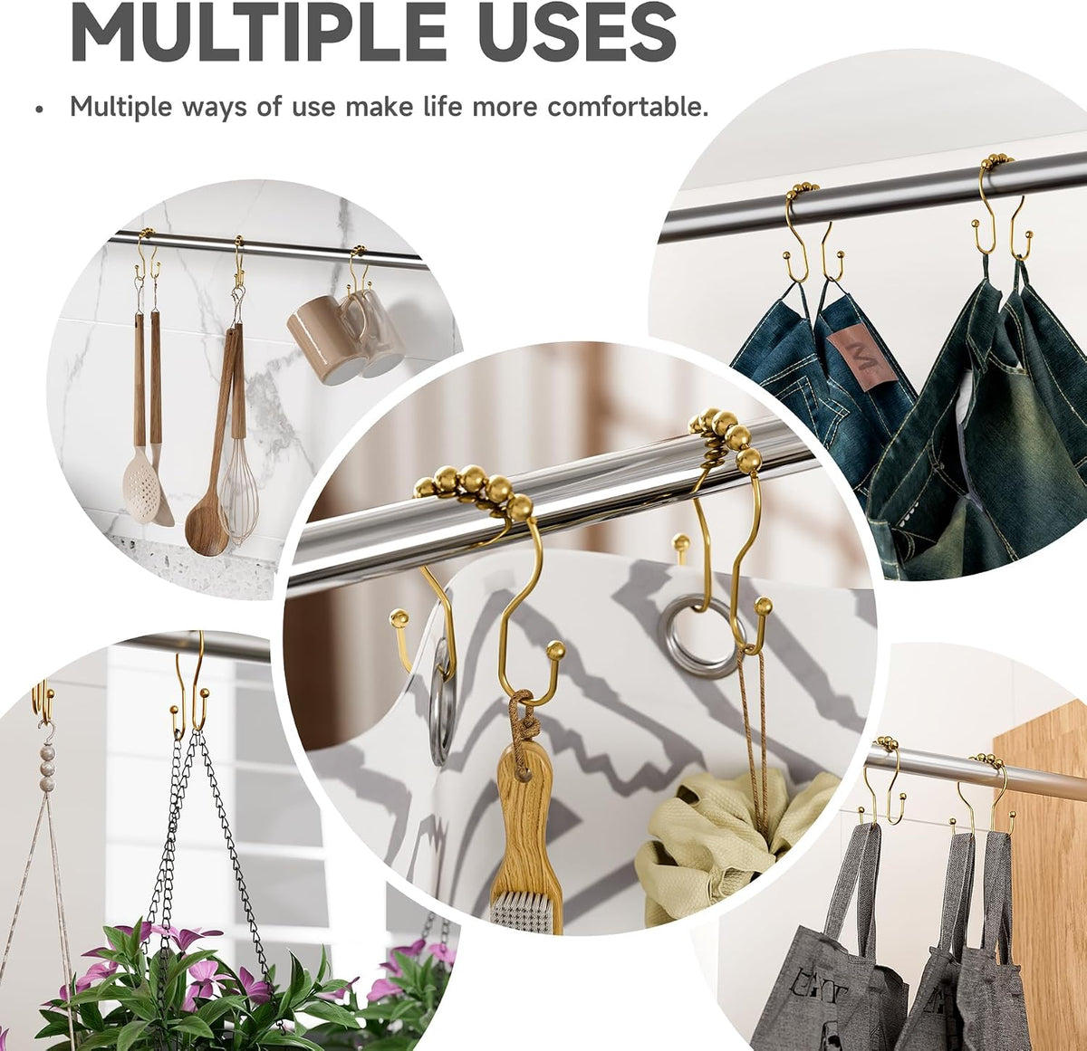 Bathway Shower Curtain Hooks, Shower Curtain Rings Rust Proof Double Hook Shower Curtain Hooks, 12 Pcs Bright Gold Shower Hooks for Shower Curtain, Shower Rings for Curtain, Metal Shower Rod Hooks