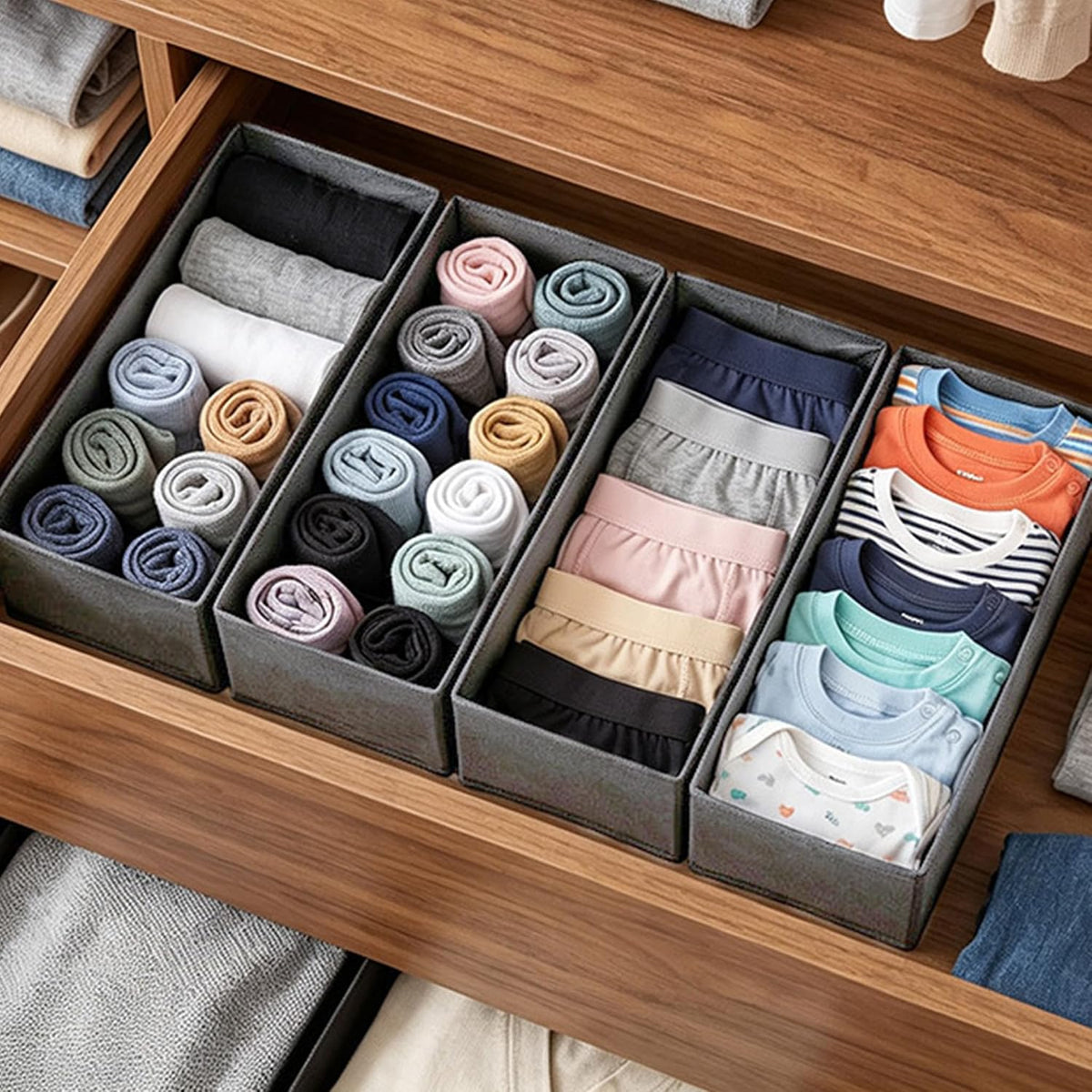 Sock Drawer Organizer 4 Pack - Collapsible Fabric Storage Bins for Underwear Divider, Small Closet Organizers with 4 Compartments, Grey