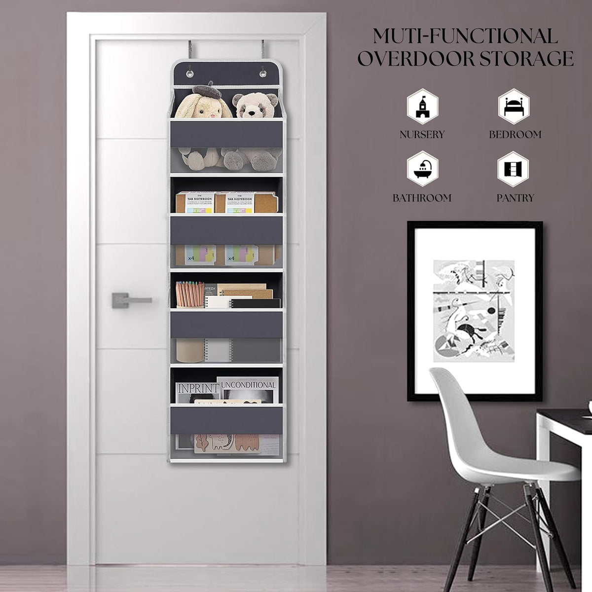 TYMENSH Over the Door Organizer for Bedroom Bathroom Pantry, 4 Shelf Gray