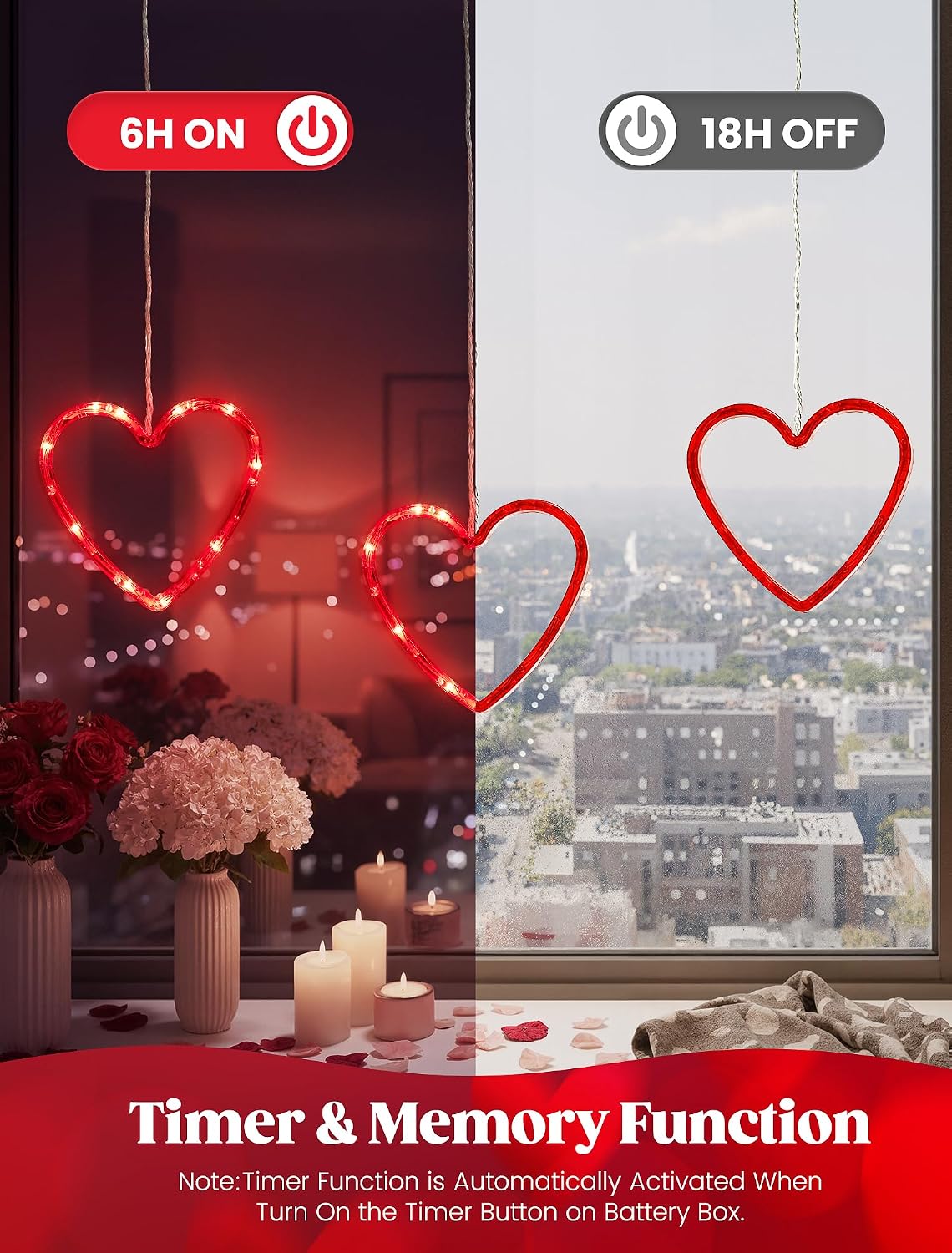 woohaha Heart Valentine's Day Window Lights, 30LED Red