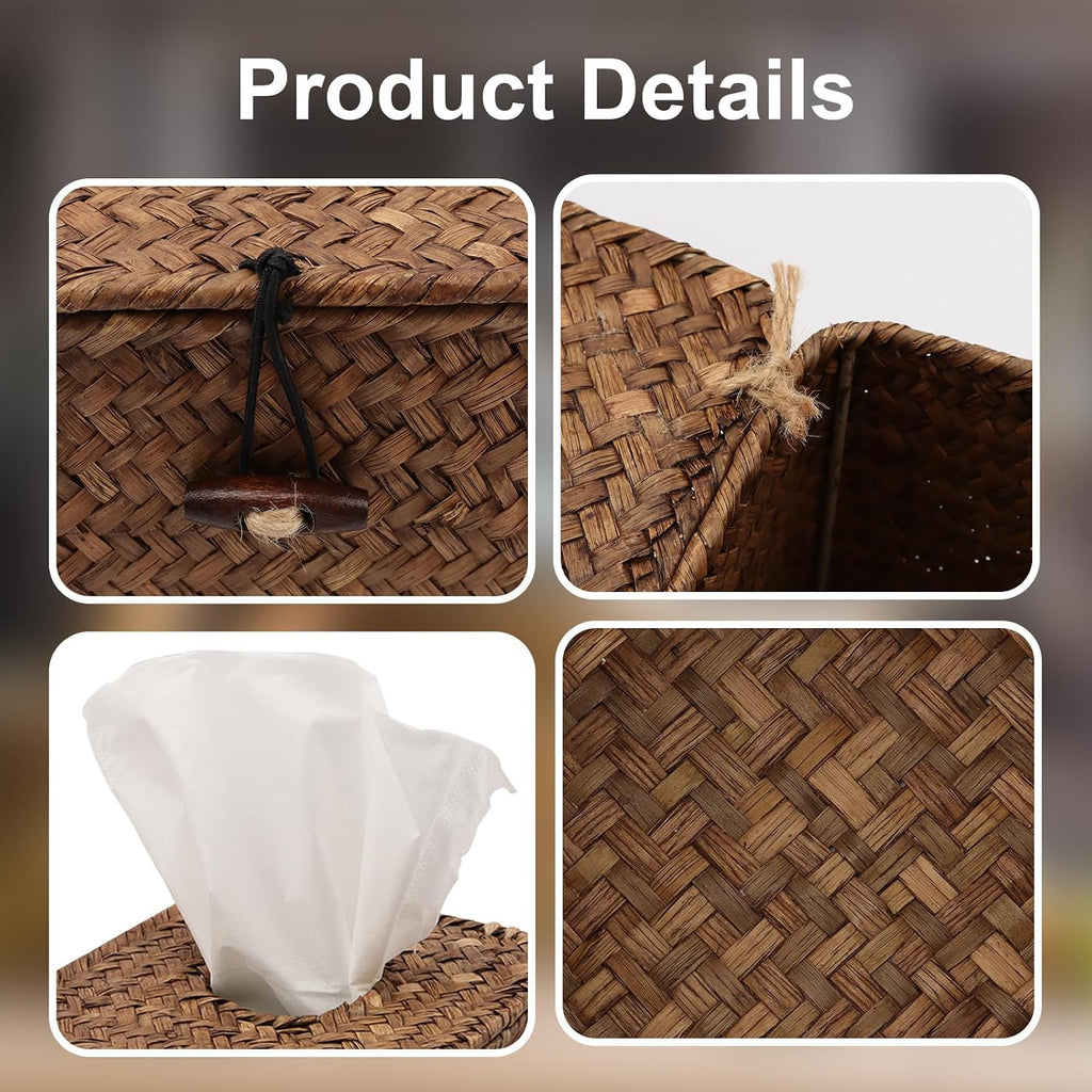 Seagrass Tissue Box Cover,Square Tissue Box with Lid, Woven Tissue Box Holder, Rustic Tissue Holder for Bathroom Vanity Toilet Living Room Bedroom Kitchen Office Car, Coffee