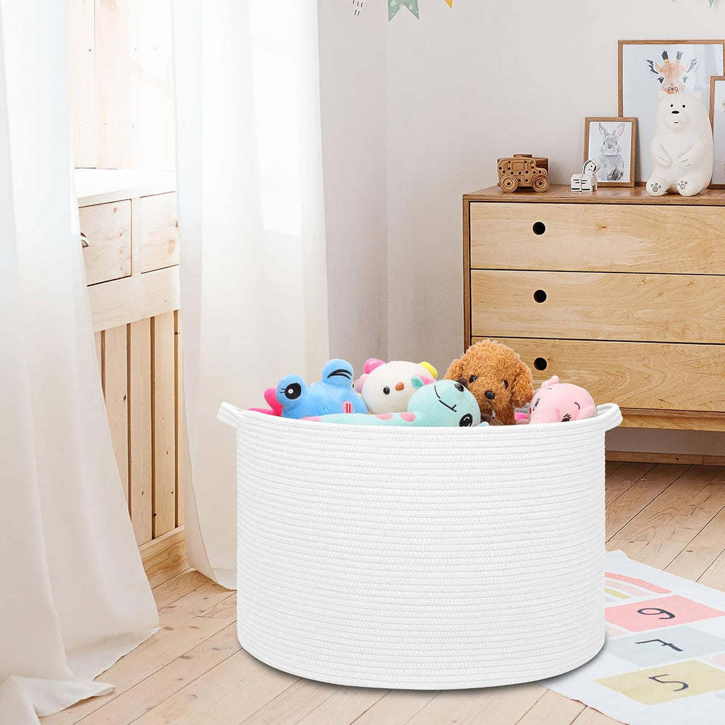 Large Cotton Rope Blanket Basket, 87L Laundry Hamper, White