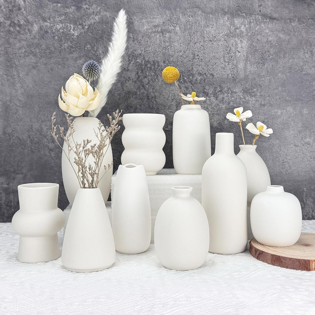 White Vases Set of 10, Small Ceramic Flower Vases Bulk Bud Vases for Wedding Table Centerpieces Decor Pampas Grass Modern Boho Home Party Decor DIY Gift