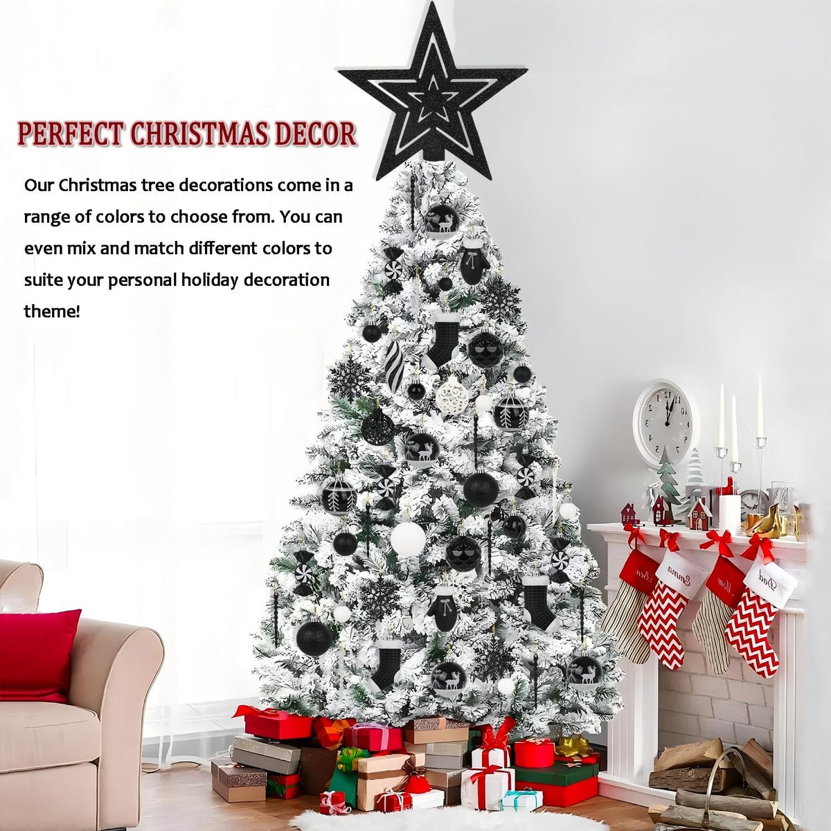 Artmag 135 Pcs Christmas Ball Ornaments Set, Pre-Tied Shatterproof Plastic Assorted Christmas Balls for Xmas Tree Hanging Decorations Festival Party Holiday Decor (Black)