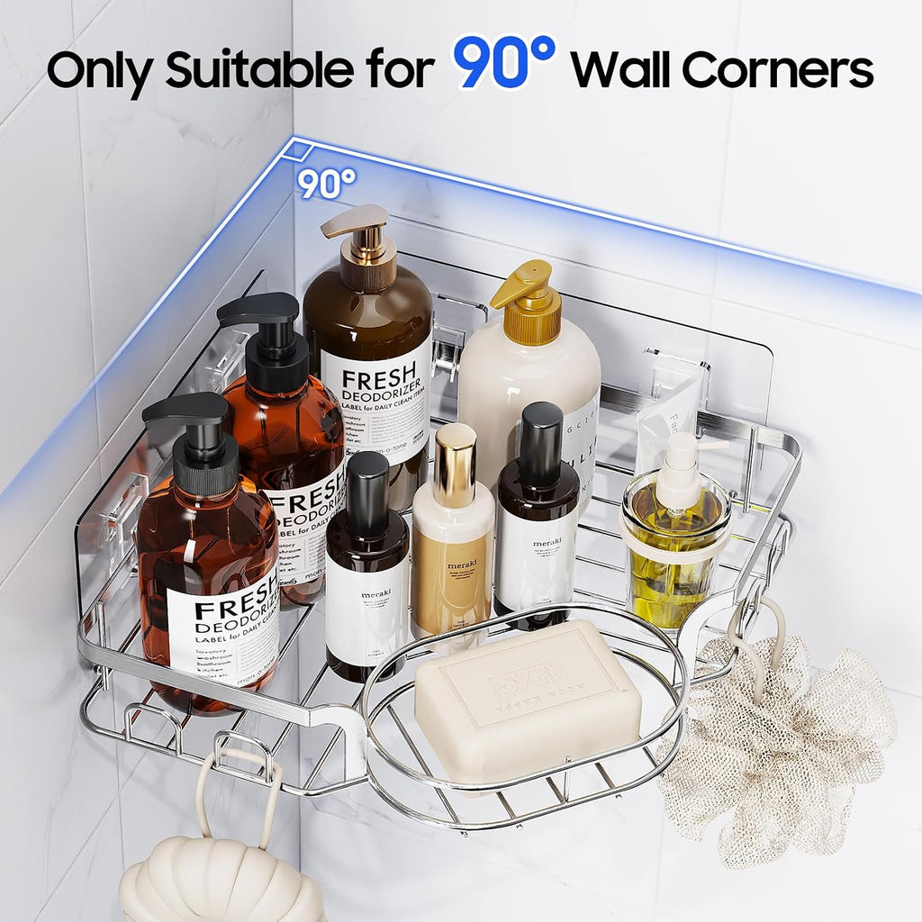 Corner Shower Caddy, Rustproof Shower Organizer with Soap Holder and 8 Hooks, No Drilling Adhesive Shower Shelves for Inside Shower, Large Capacity Shower Rack for Bathroom Shower Storage, Sliver