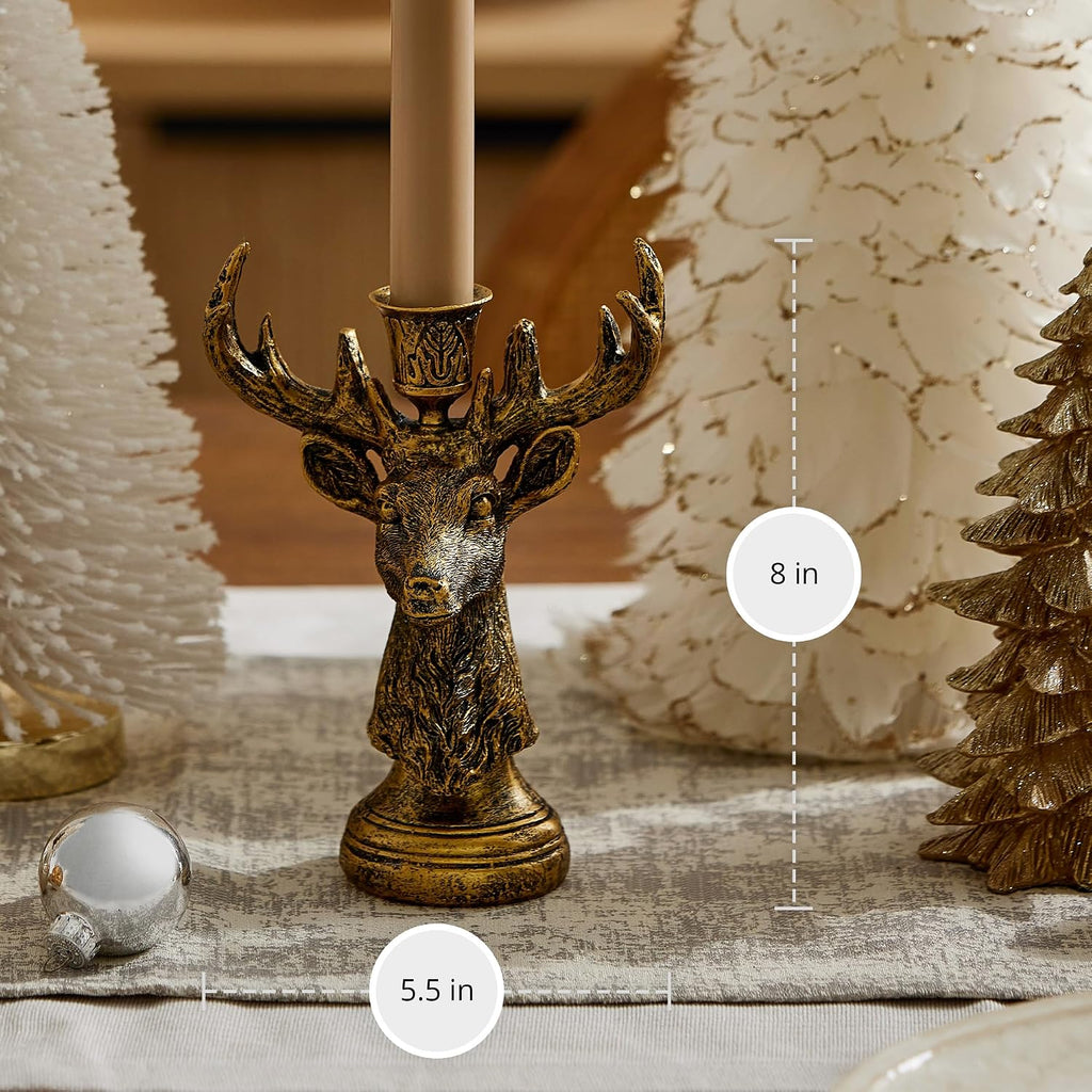 Luminara - Taper Candle Holder Compatible with Luminara Flickering Moving Flame Battery Operated Taper Candles Décor & Gift - Brass Reindeer Classic Stag (5.5" x 8")