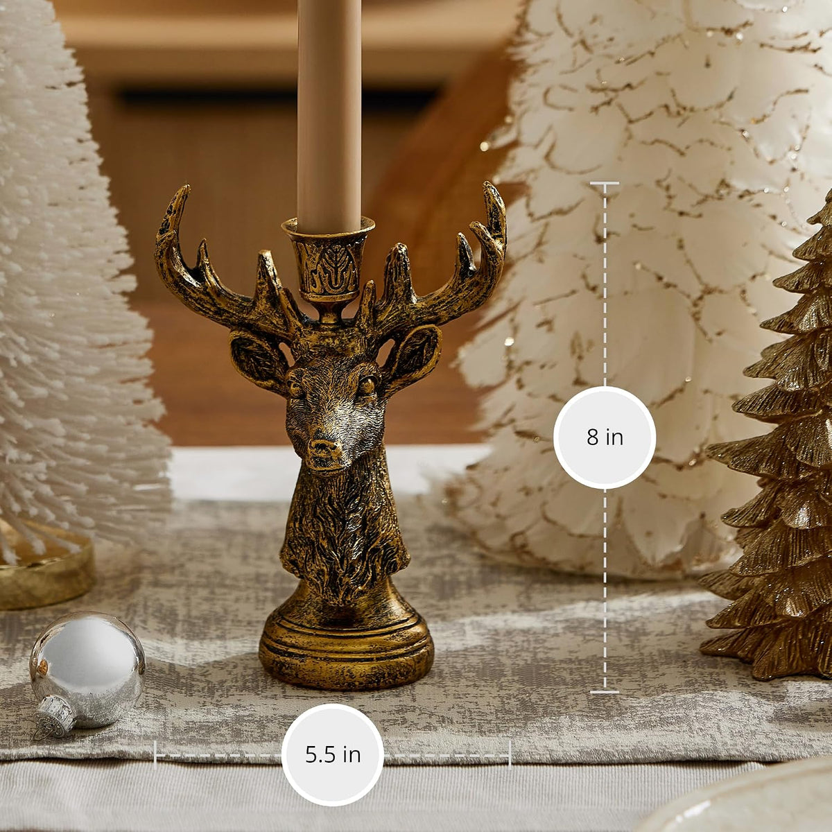 Luminara - Taper Candle Holder Compatible with Luminara Flickering Moving Flame Battery Operated Taper Candles Décor & Gift - Brass Reindeer Classic Stag (5.5" x 8")