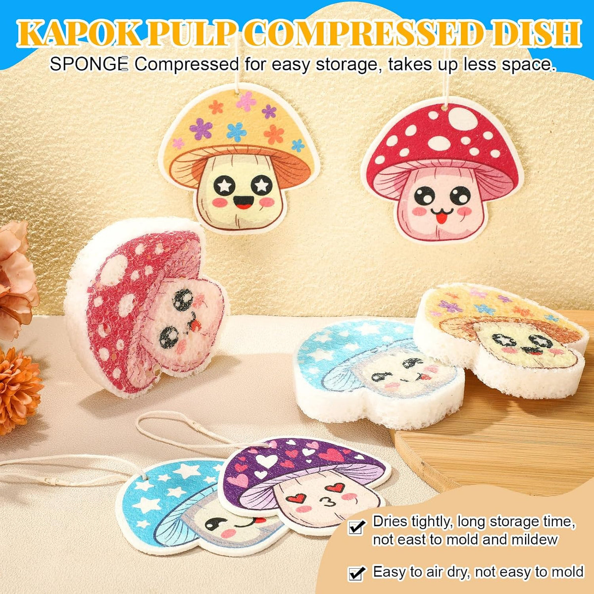 Newtay 8 Pack Compressed Dish Sponges Non-Scratch Reusable Cute,Mushroom