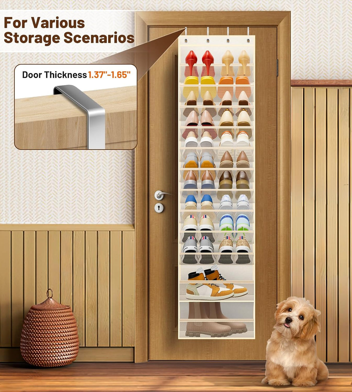 MISSLO 12 Tier Over the Door Shoe Organizer Breathable Mesh Hanging Shoe Rack for Closet Storage Shoe Holder for Door Fit 24 Pairs Sandals, Heels, Boots (Beige)