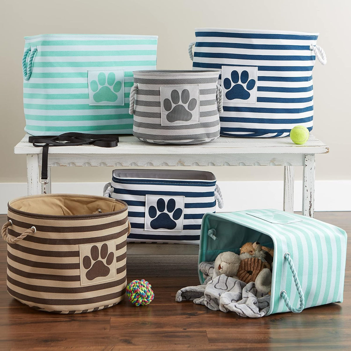 Bone Dry Dog Toy Basket, Round Navy Large, Collapsible