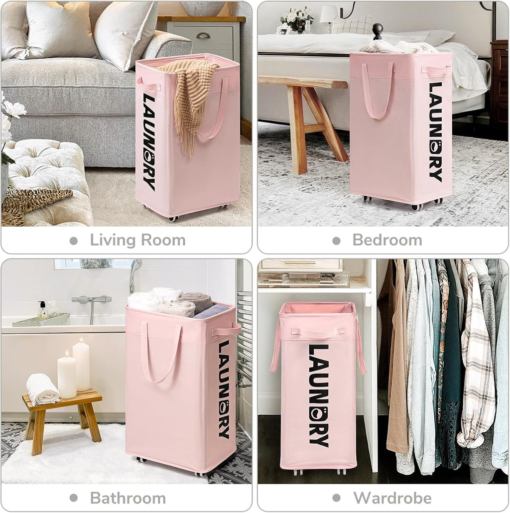 CHICVITA 75L Laundry Hamper with Wheels 2-Pack, Wash Bags, Pink