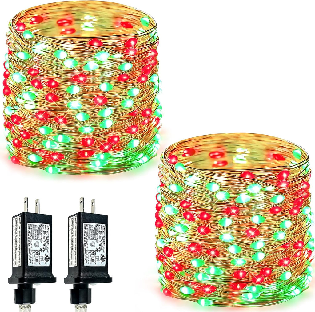 2 Pack Fairy Lights Plug in 99 FT 300 LED Christmas String lights Red Green