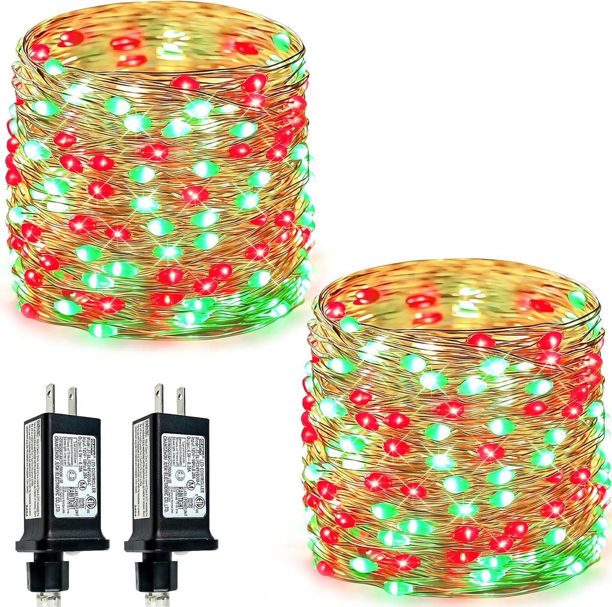 2 Pack Fairy Lights Plug in 99 FT 300 LED Christmas String lights Red Green