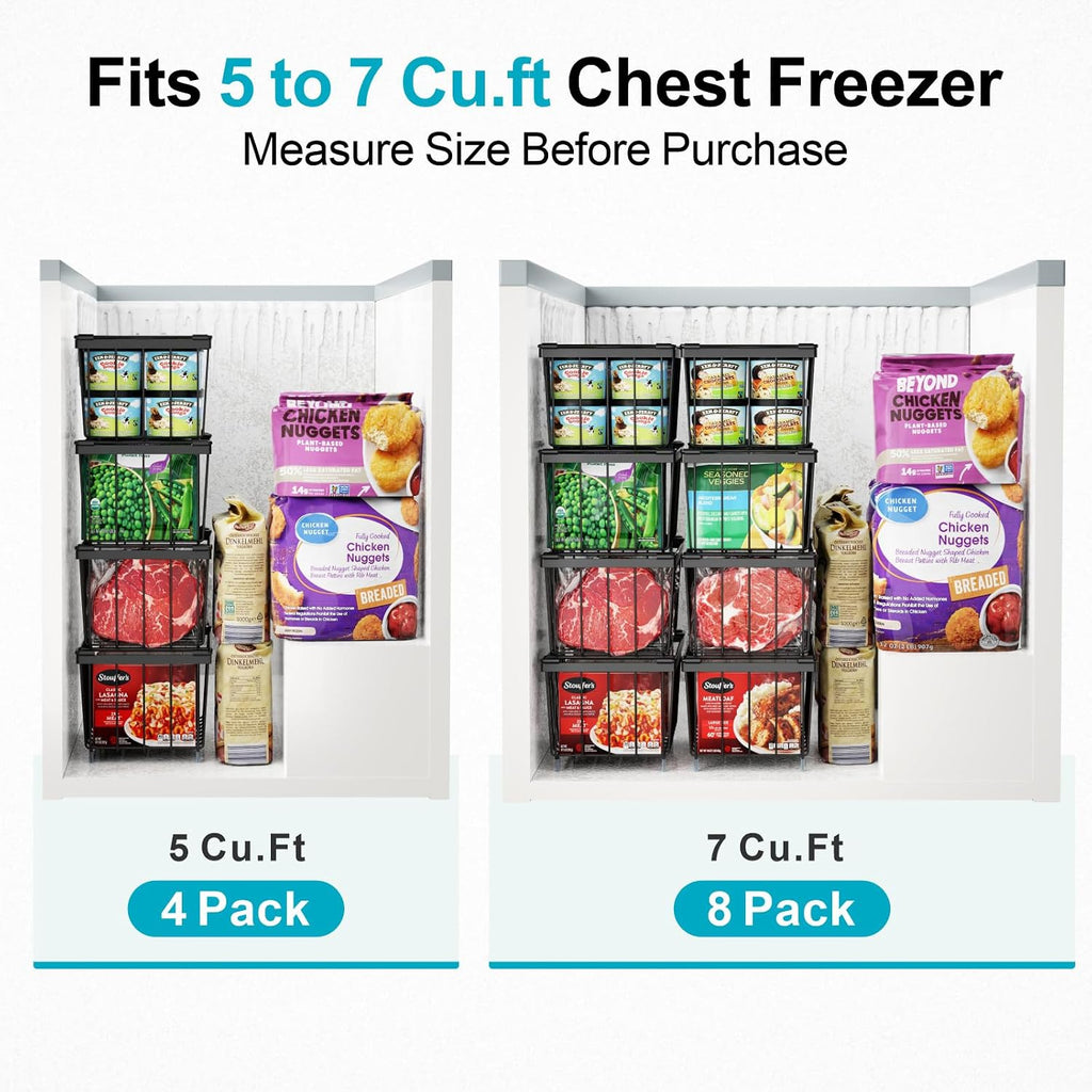 iSPECLE Freezer Organizer Bins, 4 Pack Deep Freezer Baskets for 5 to 7 Cu.Ft, Stackable Wire Chest Freezer Organizer Bins for Small Food, Strong Metal with Handles for Meat and Veggies, Black
