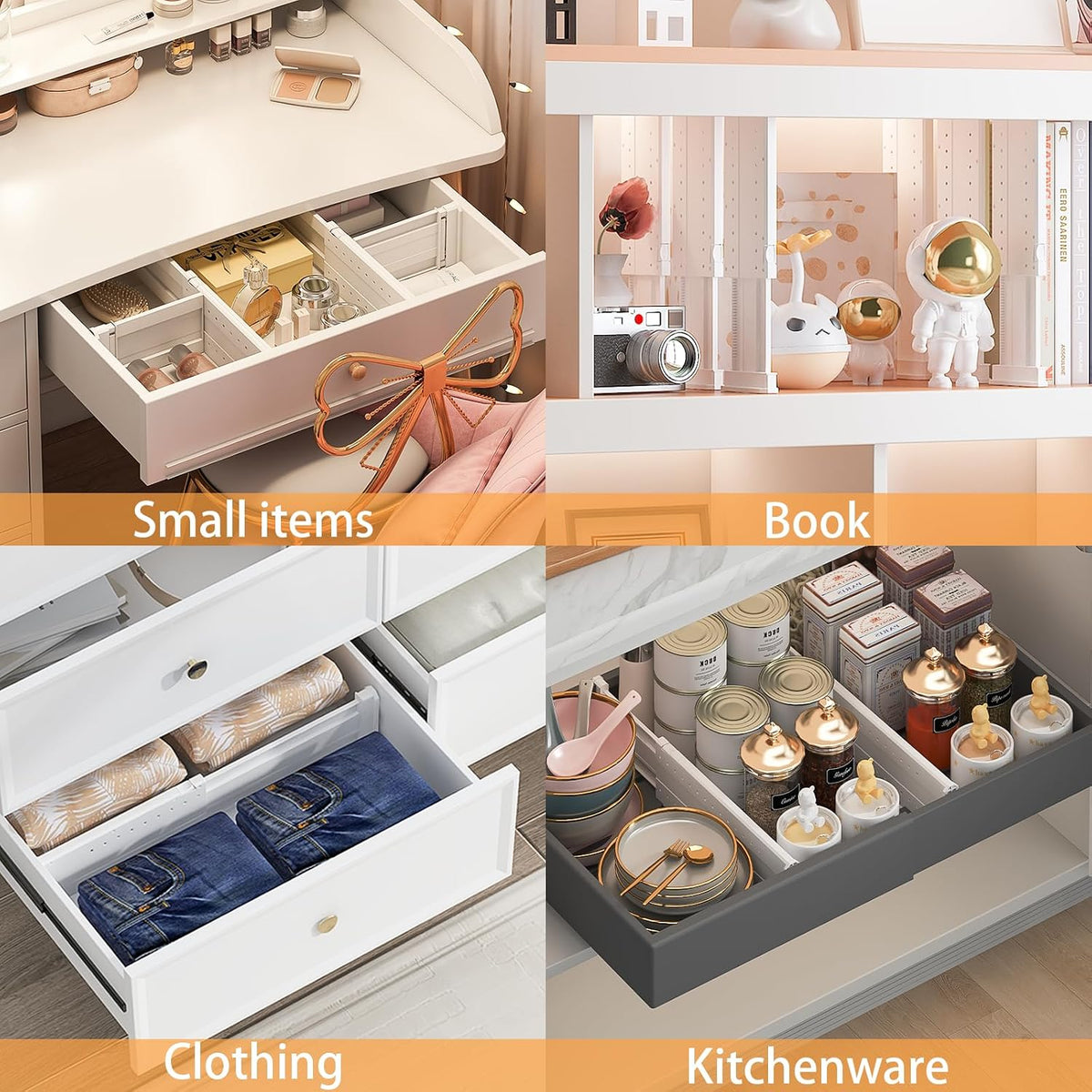 REBECAT 8 Pack Drawer Dividers for Clothes Adjustable Drawer Dividers 4" High Expandable from 11"-17" for Dresser Baby Clothes Bathroom Bedroom Kitchen and Office Storage，White