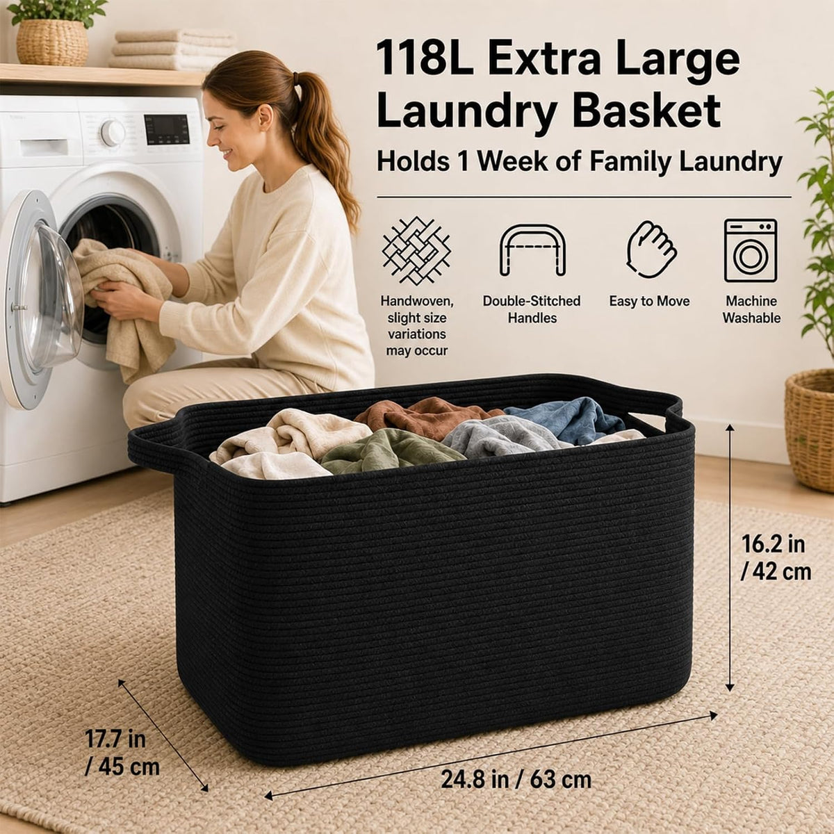 OIASKET 118L Extra Large Blanket Basket Living Room, 24.8"x17.7"x16.2"