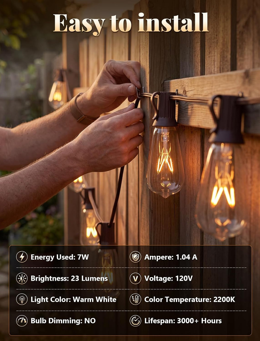 20Ft Outdoor Patio String Lights with 22 Clear Vintage Light Bulbs (2 Spare), E17 Base ST40 Outdoor Edison String Lights Waterproof UL Listed for Indoor Garden Backyard Party Porch Decor, 7W - Brown