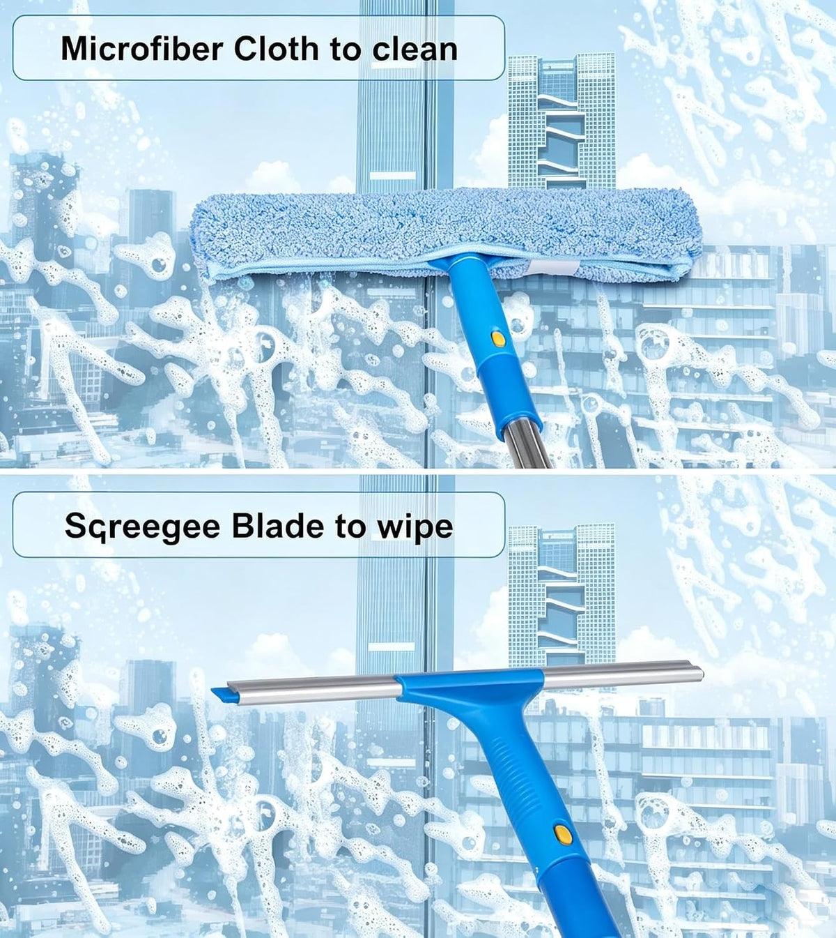 Window Squeegee Cleaner with 4 Stainless Steel Extension Poles, 58inch Long Reach, Scrubber, Glass Scraper, Bendable Duster, 2 Scrubber Cloth for Window, Car, Professional Cleaning Kit