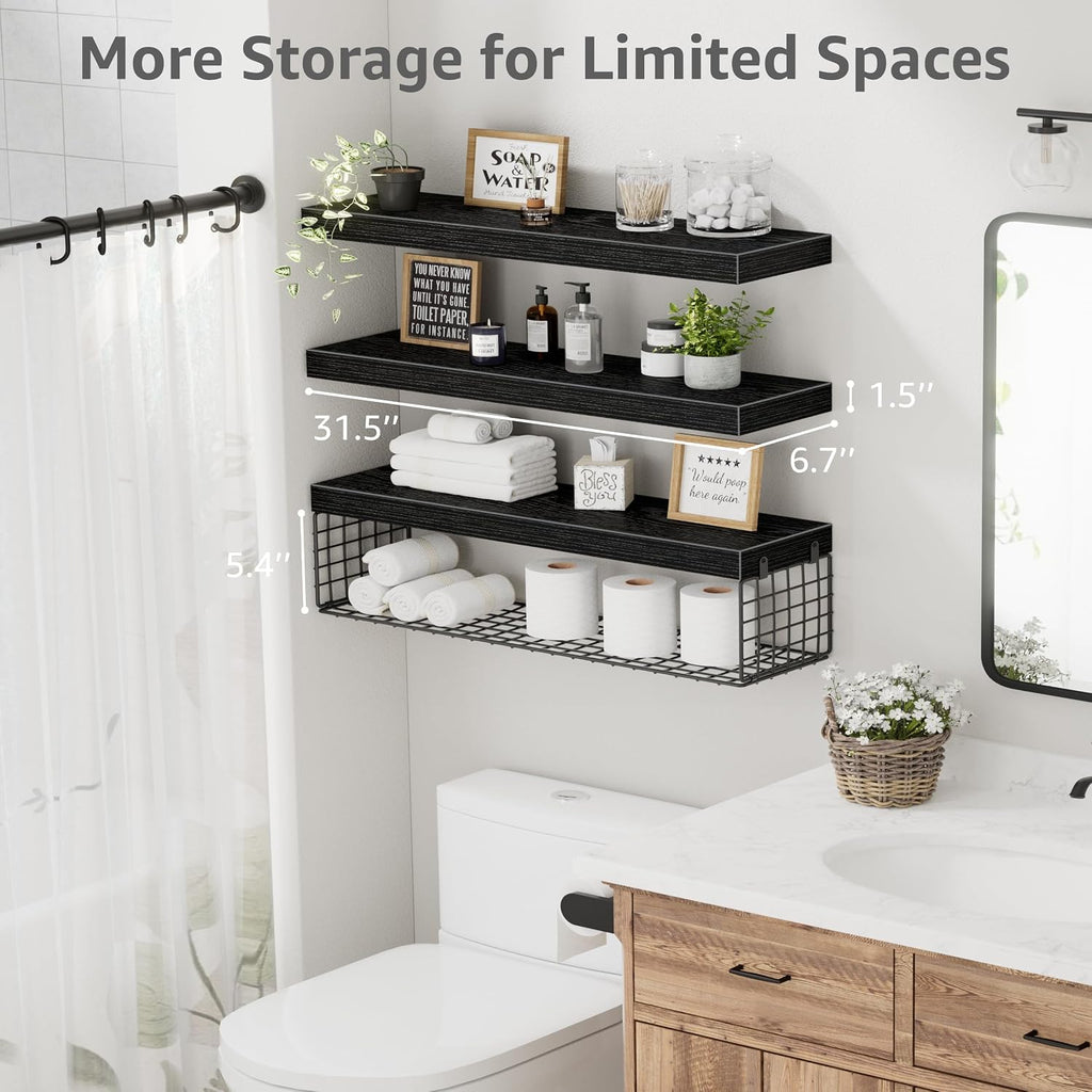 QEEIG Bathroom Shelves Over Toilet Wall Mounted (Black, Set of 3, 31.5")