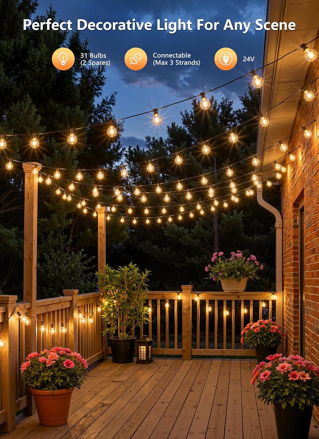 100Ft Outdoor String Lights with Remote, Dimmable G40 LED Bulbs, Waterproof