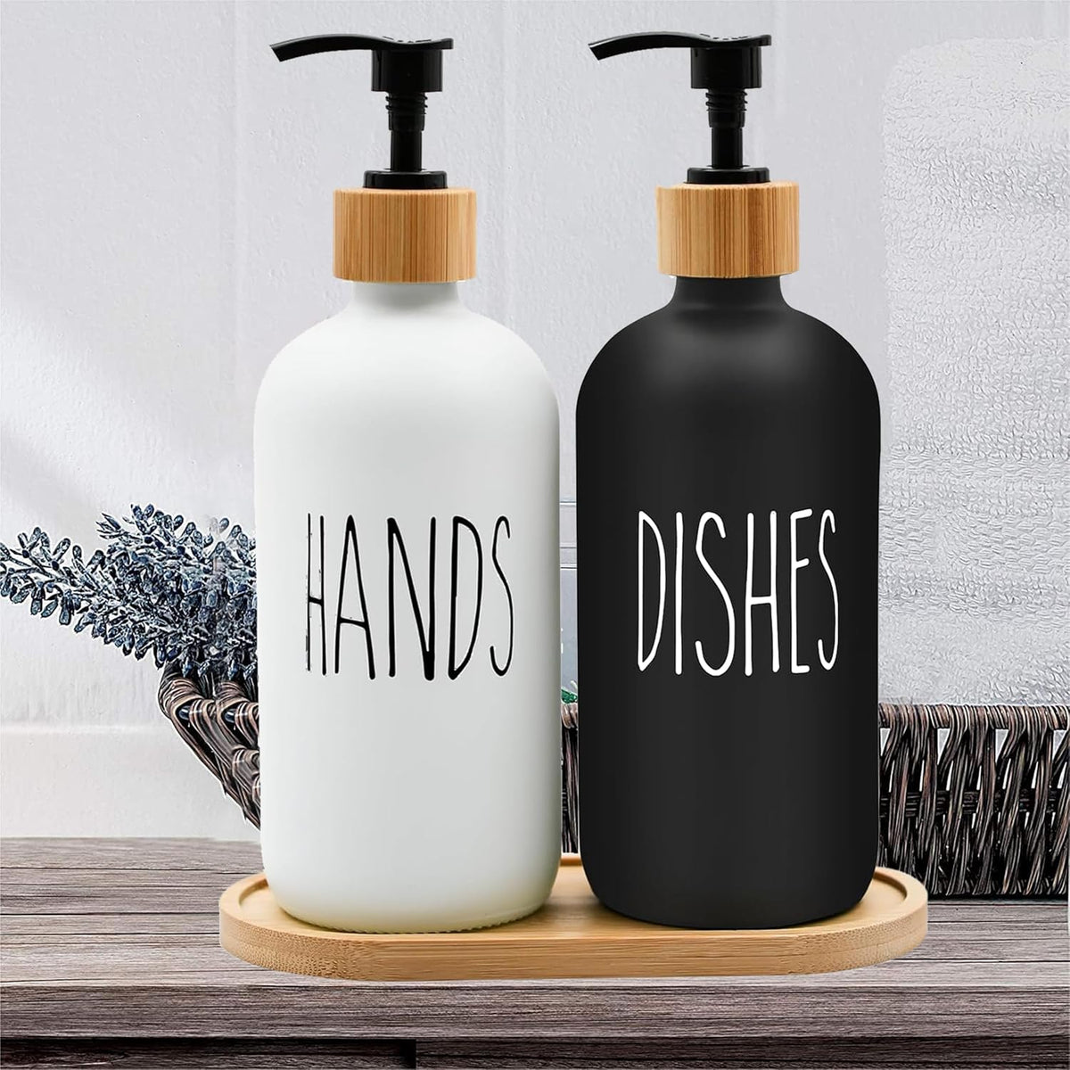 Sunrise Premium White & Black Glass Soap Dispenser-Bamboo Pump & Tray, 2 Pc