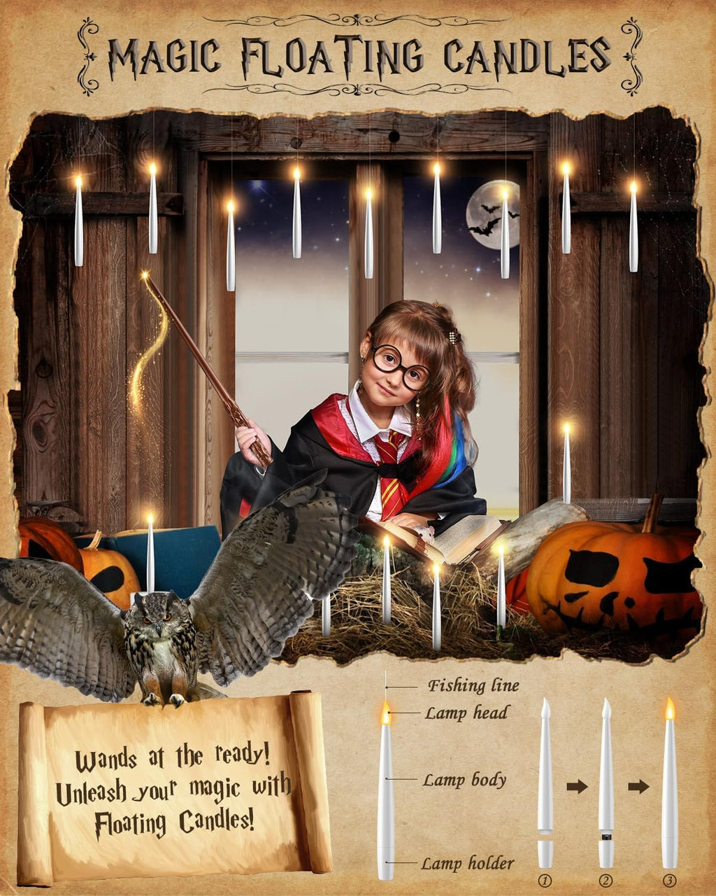TLPUHU Halloween Floating Candles 18 Pcs - Magical Flameless Candles with Wand Flickering Warm Lights Ideal for Indoor Window Bedroom Halloween Cosplay Birthday Theme Party Decor