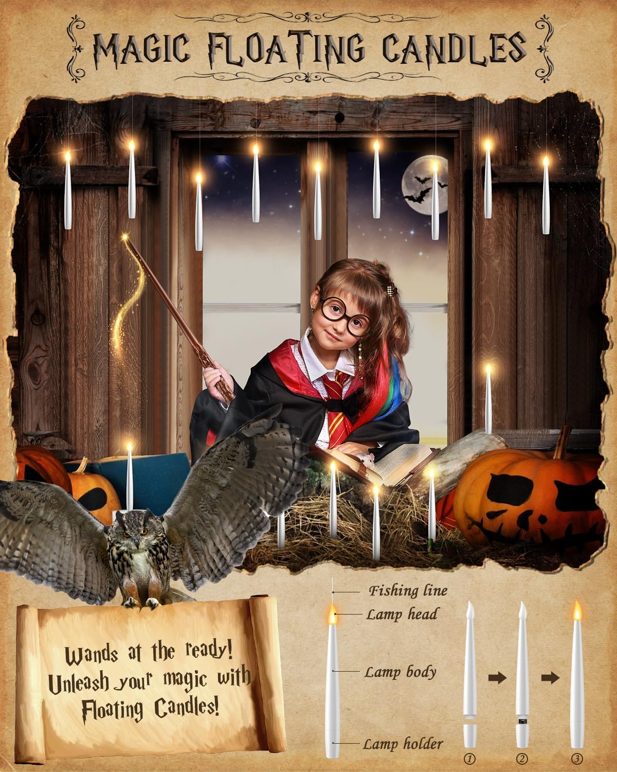 TLPUHU Halloween Floating Candles 18 Pcs - Magical Flameless Candles with Wand Flickering Warm Lights Ideal for Indoor Window Bedroom Halloween Cosplay Birthday Theme Party Decor