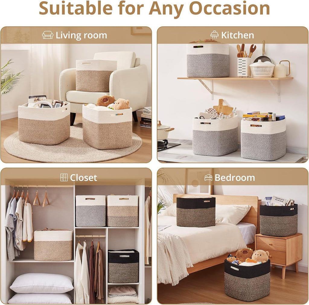 OIAHOMY 13 Inch Cube Storage Bins, 3-Pack Cotton Rope Woven Baskets for Organizing, Insert Storage Baskets for Shelves, Baby Nursery, Closet Organizer, 13 * 13 * 12.6IN, Grey & White