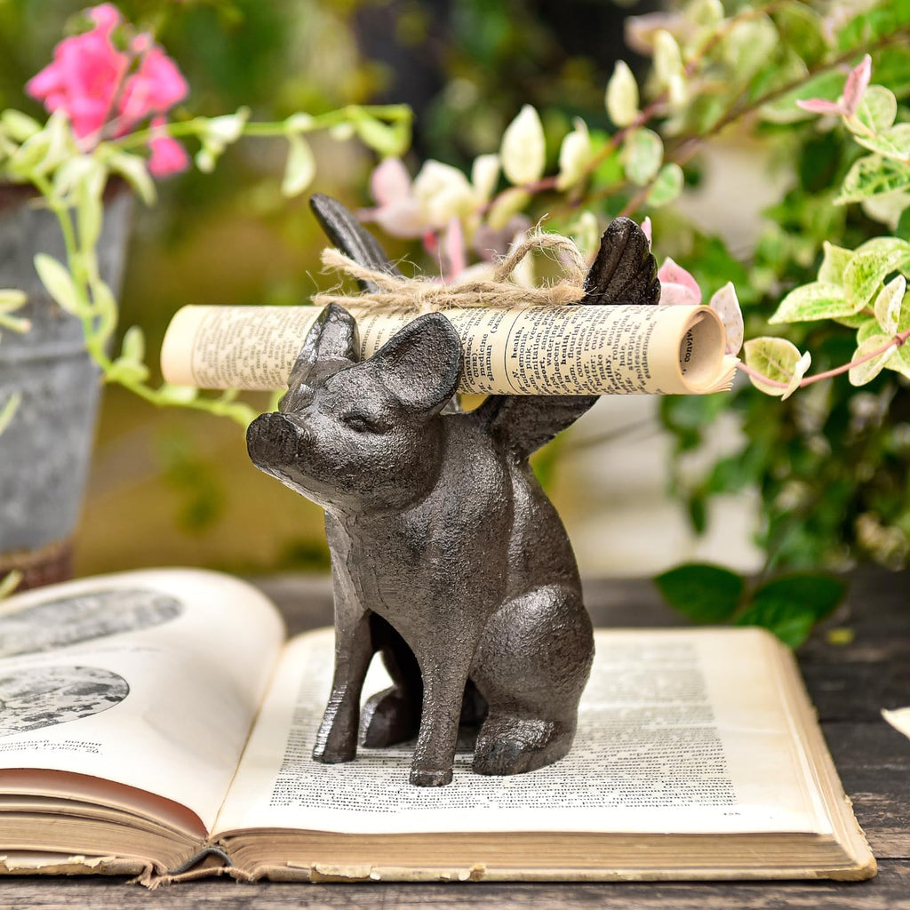 Sungmor Cast Iron Flying Pig Statue, Doorstop - Rustic Brown