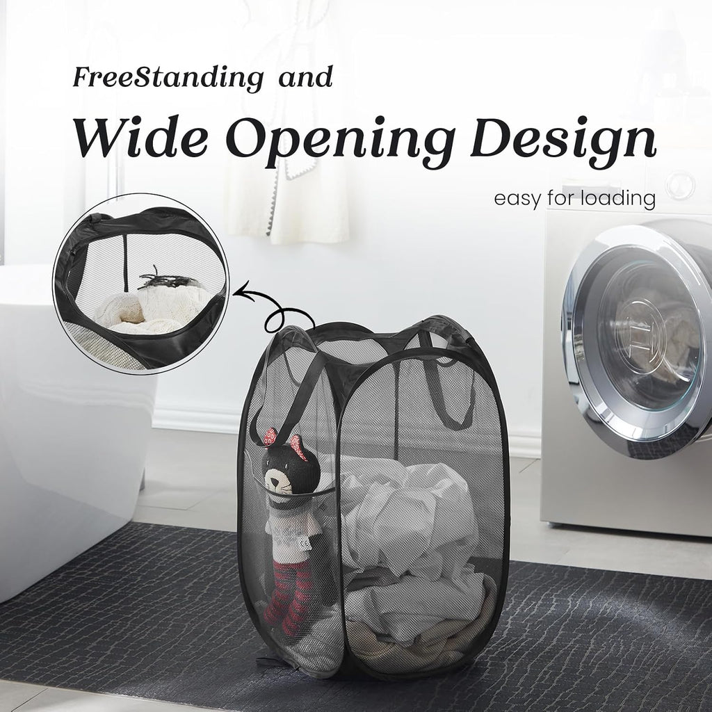 Collapsible Mesh Pop Up Laundry Hamper with Sturdy Handles and Side Pocket - Portable Foldable Clothes Baskets for Dorm, Bathroom & Travel Storage (Black)