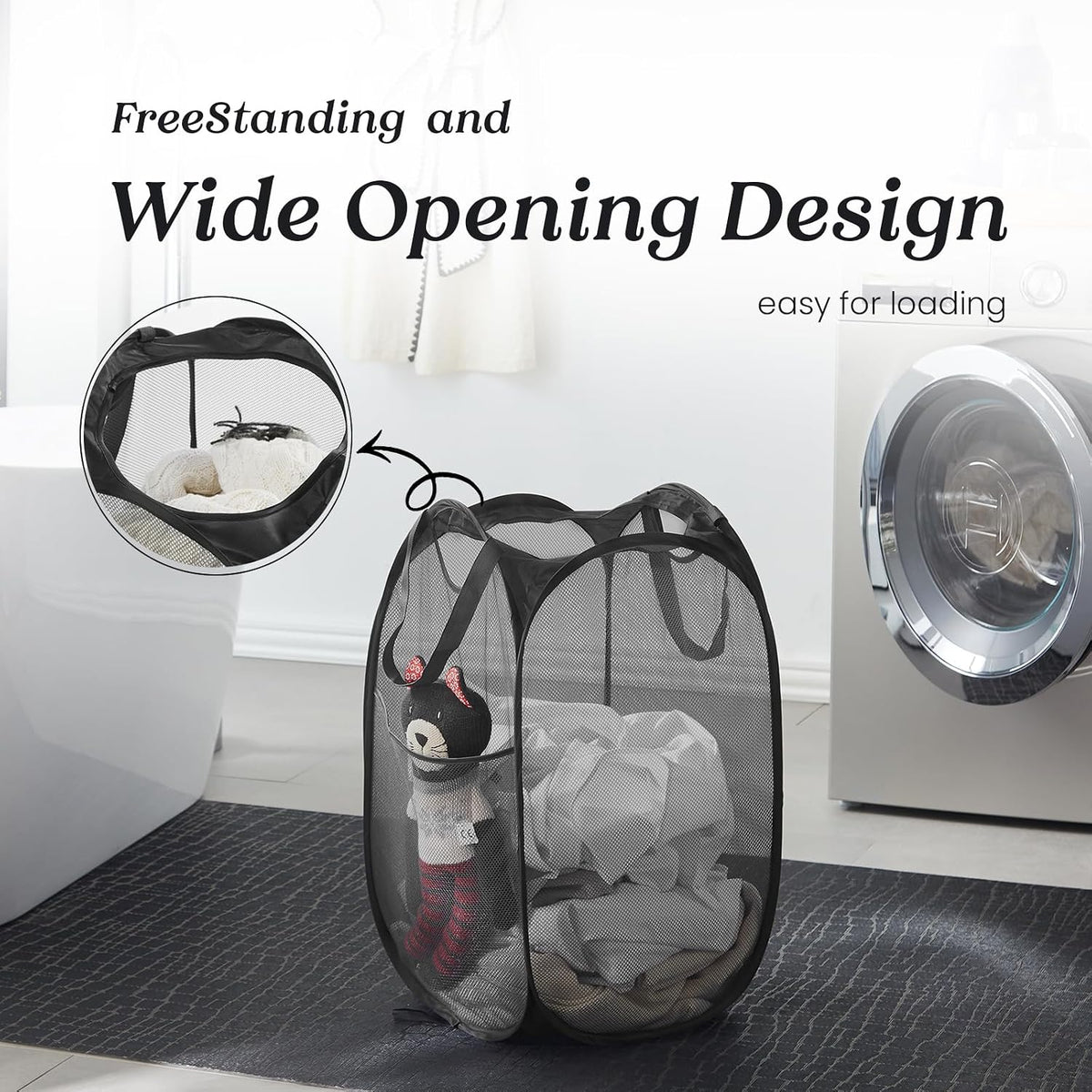 Collapsible Mesh Pop Up Laundry Hamper with Sturdy Handles and Side Pocket - Portable Foldable Clothes Baskets for Dorm, Bathroom & Travel Storage (Black)