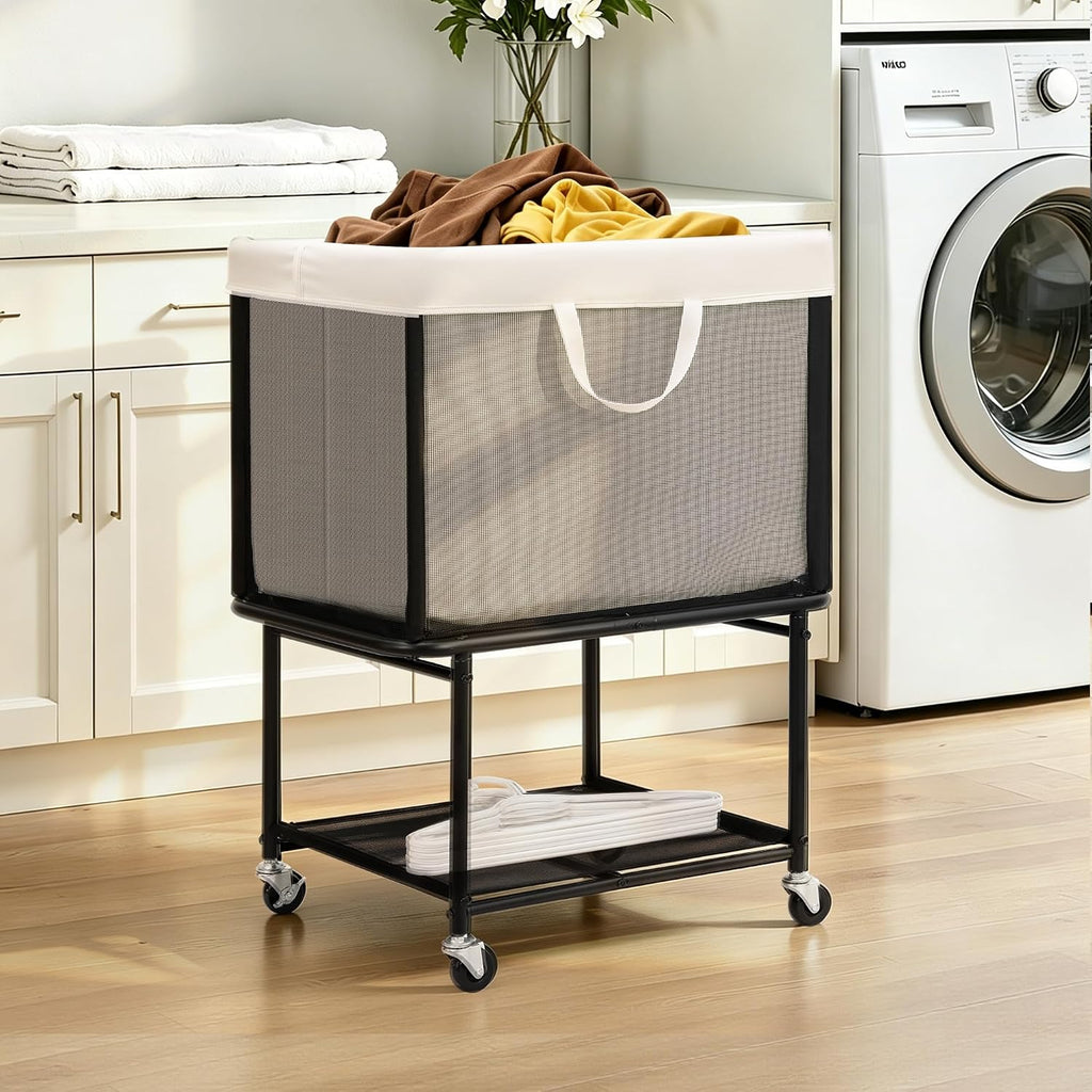 STO STO Rolling Laundry Hamper with Lockable Wheels, 29-Gallon (110L) Laundry Cart with Removable Canvas Bag, 2-Tier Clothes Basket Hamper with Shelf for Closet, Bedroom, Bathroom, Laundry Room, Beige