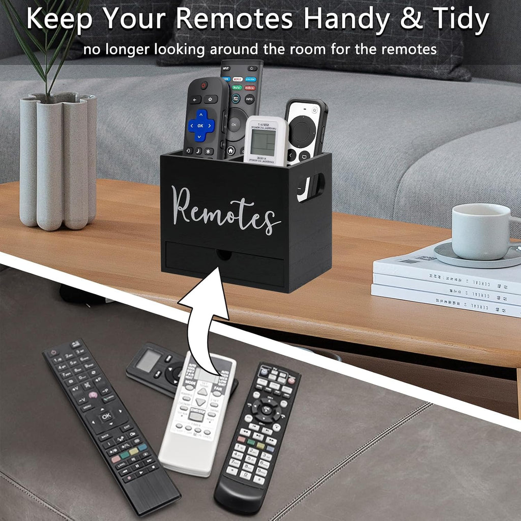 Remote Control Holder, 2 Slot TV Remote Holder& Desk Organizer with Drawers, Remote Organizer Caddy for Table, Wooden Remote Box for Nightstand,Media Storage Box for Living Room, Bed (Black)