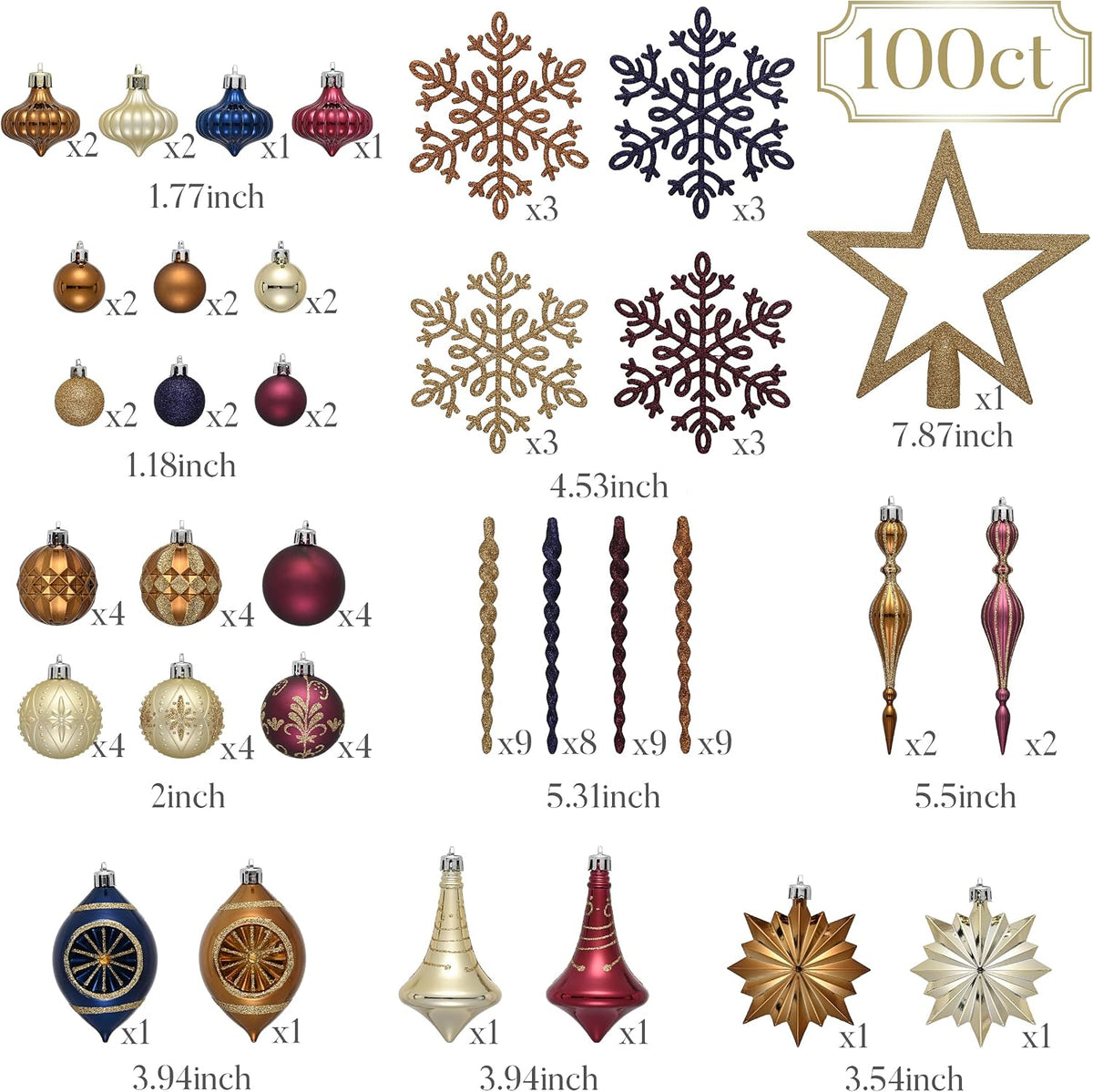 Valery Madelyn 100ct Christmas Tree Decorations Ball Ornaments Set Medium