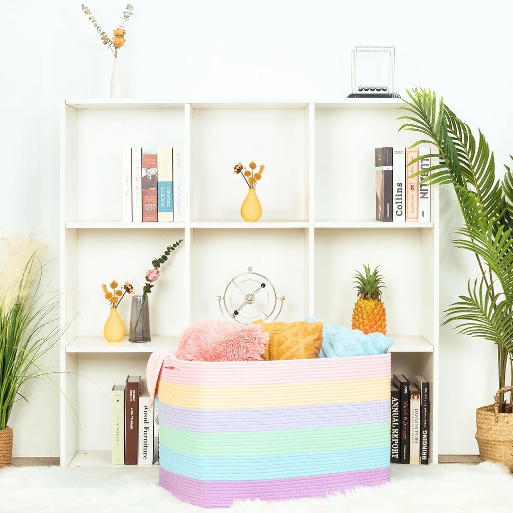 MINTWOOD Design 112L Extra Large Blanket Basket Holder Living Room, 25"x17"x16" Rectangle Rope Woven Storage Basket with Handles for Laundry, Towels, Shoes, Dog Toy Organizer Bin Box, Pastel Rainbow