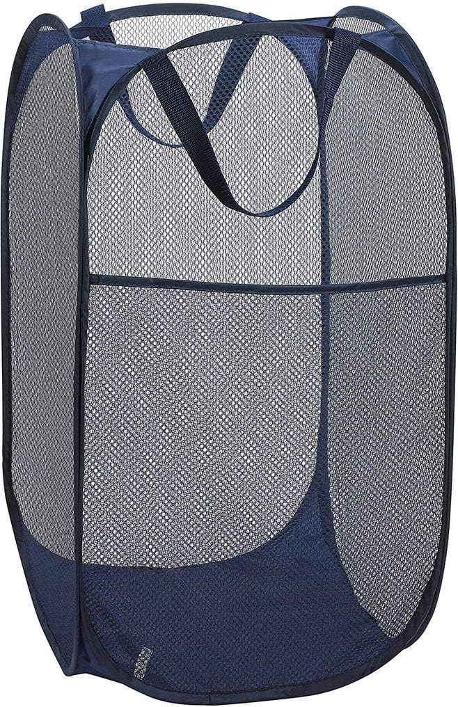 Portable Mesh Popup Laundry Hamper with Durable Handles, Folding Pop-Up Clothes Hampers Collapsible for Storage, Travel Cloth Basket Great for Home Kids Room, College Dorm, Travel(Dark Blue)