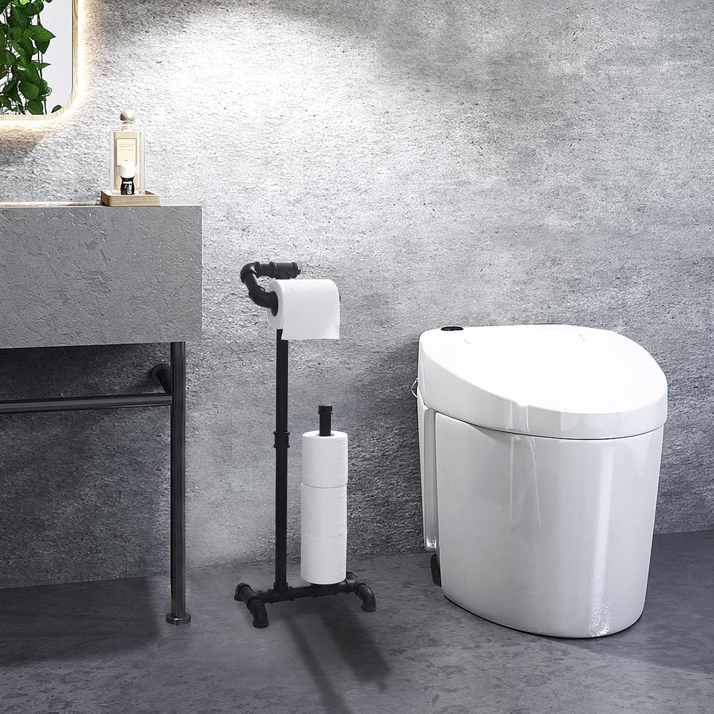 HouseAid Free Standing Industrial Pipe Toilet Paper Holder for Bathroom, Stand Rustic Iron Toilet Roll Holder with Reserve, Vintage Style, Matte Black