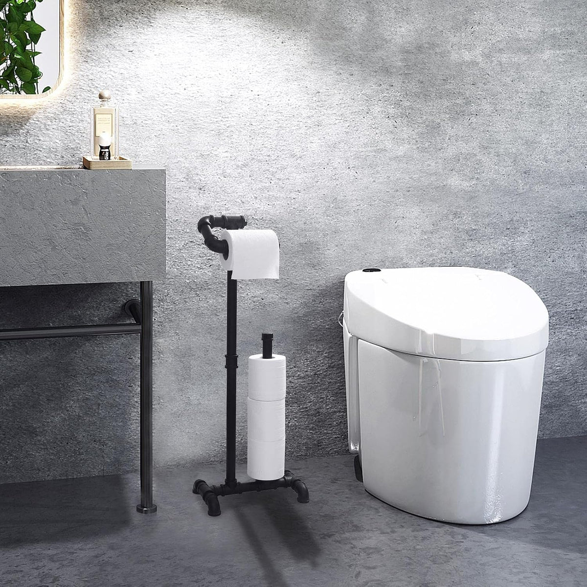HouseAid Free Standing Industrial Pipe Toilet Paper Holder for Bathroom, Stand Rustic Iron Toilet Roll Holder with Reserve, Vintage Style, Matte Black