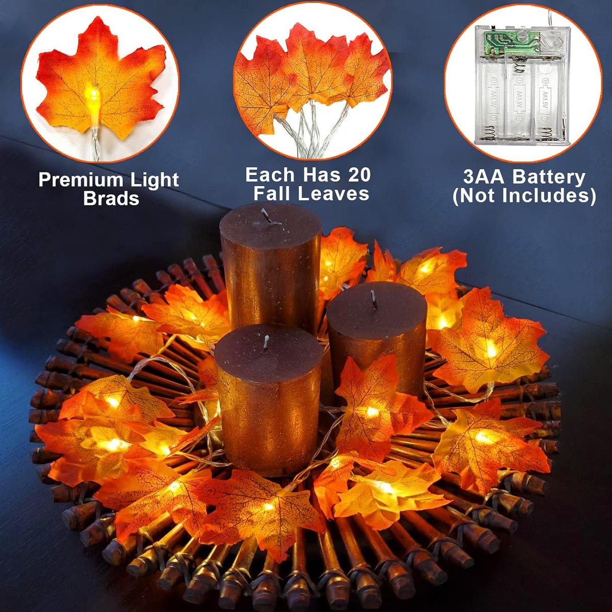 Thanksgiving Decor 2 Pack Fall Garland with Lights Enlarged Maple Leaves