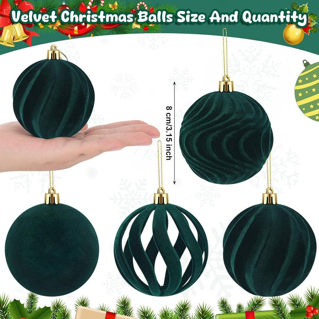 DERTE 12Pcs 3.15in Velvet Christmas Tree Balls Ornaments (Green)