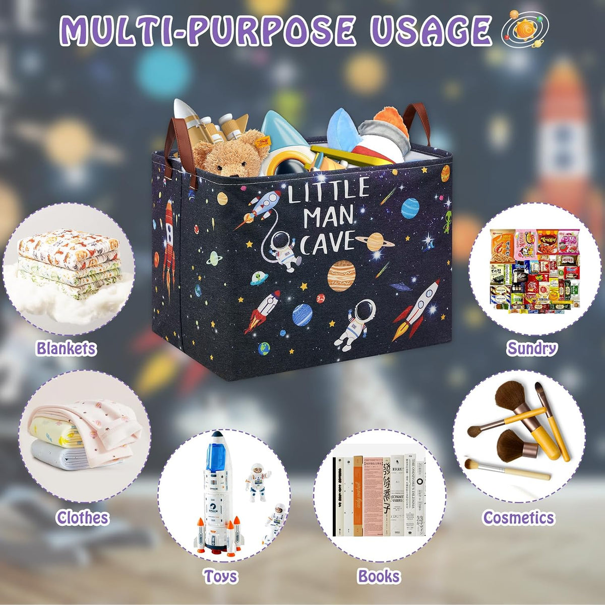 Outer Space Room Decor Basket, Astronaut Storage Basket with Inspirational Quotes,Planets Boy Room Decor Shelf Hamper ,Rectangular Clothes Book Toy Storage Bin (Black)