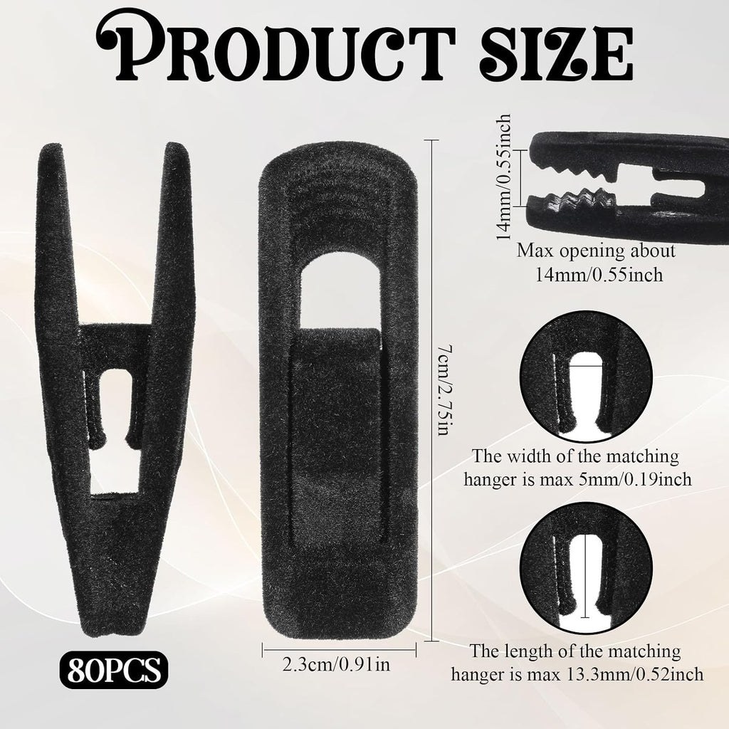 Black Velvet Hanger Clips, 80 Pack Strong