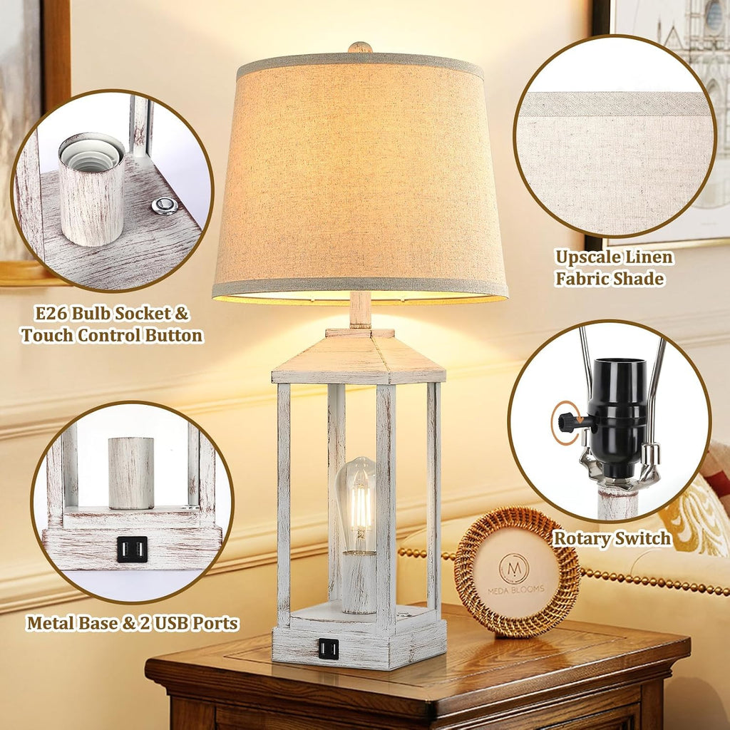 28" Farmhouse Table Lamps for Living Room Set of 2, 3-Way Dimmable Bedside Lamp with USB Ports, White Rustic Touch Control Nightstand Lamps for Bedroom, Modern Desk Lamp for Office, 4 Bulbs Included