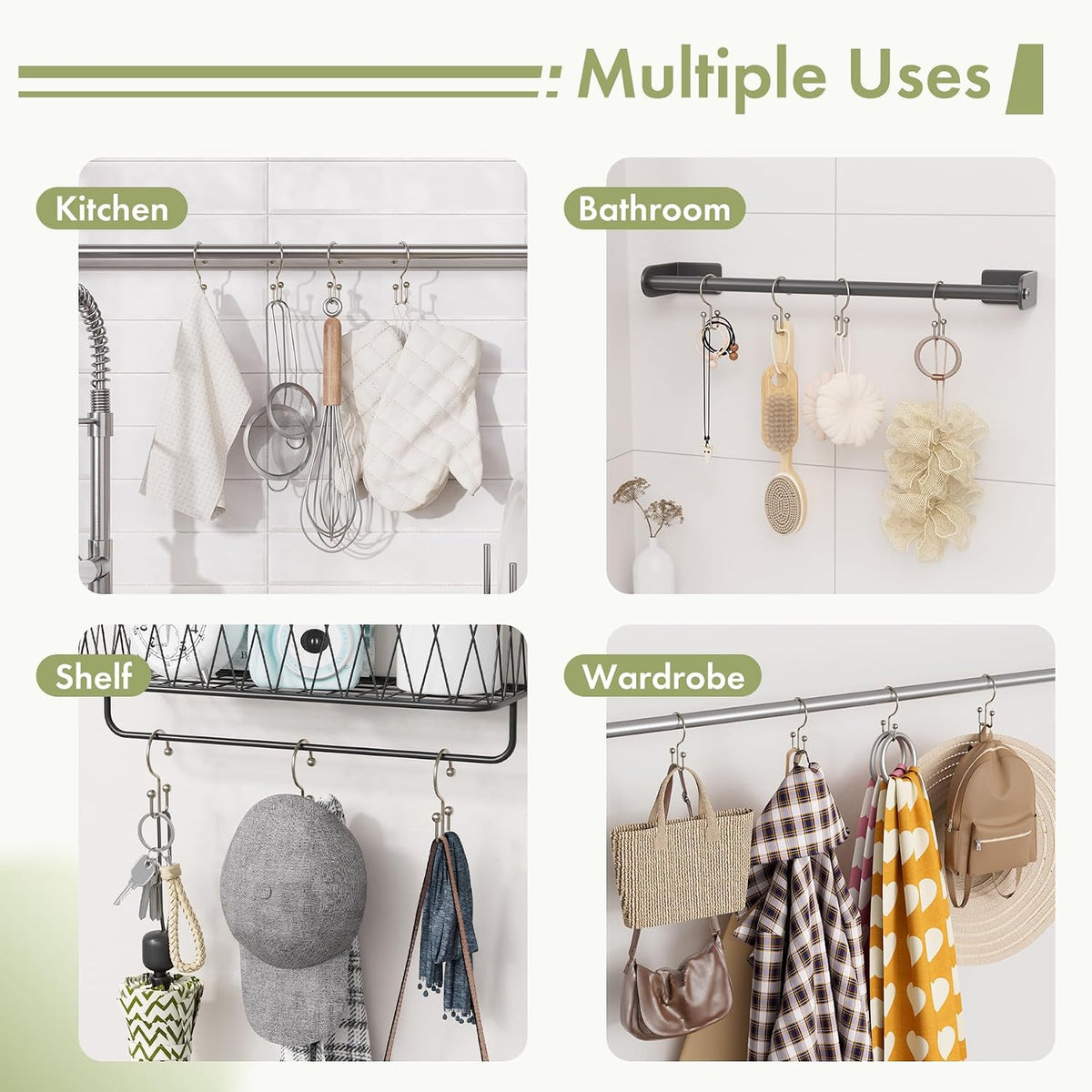 Amazer Nickel Shower Curtain Hooks, 12PCS Minimalist Simple Double Shower Curtain Rings, Rust-Resistant Metal Shower Hooks Shower Curtain Hangers, Shower Rings for Bathroom Shower Rods Curtains