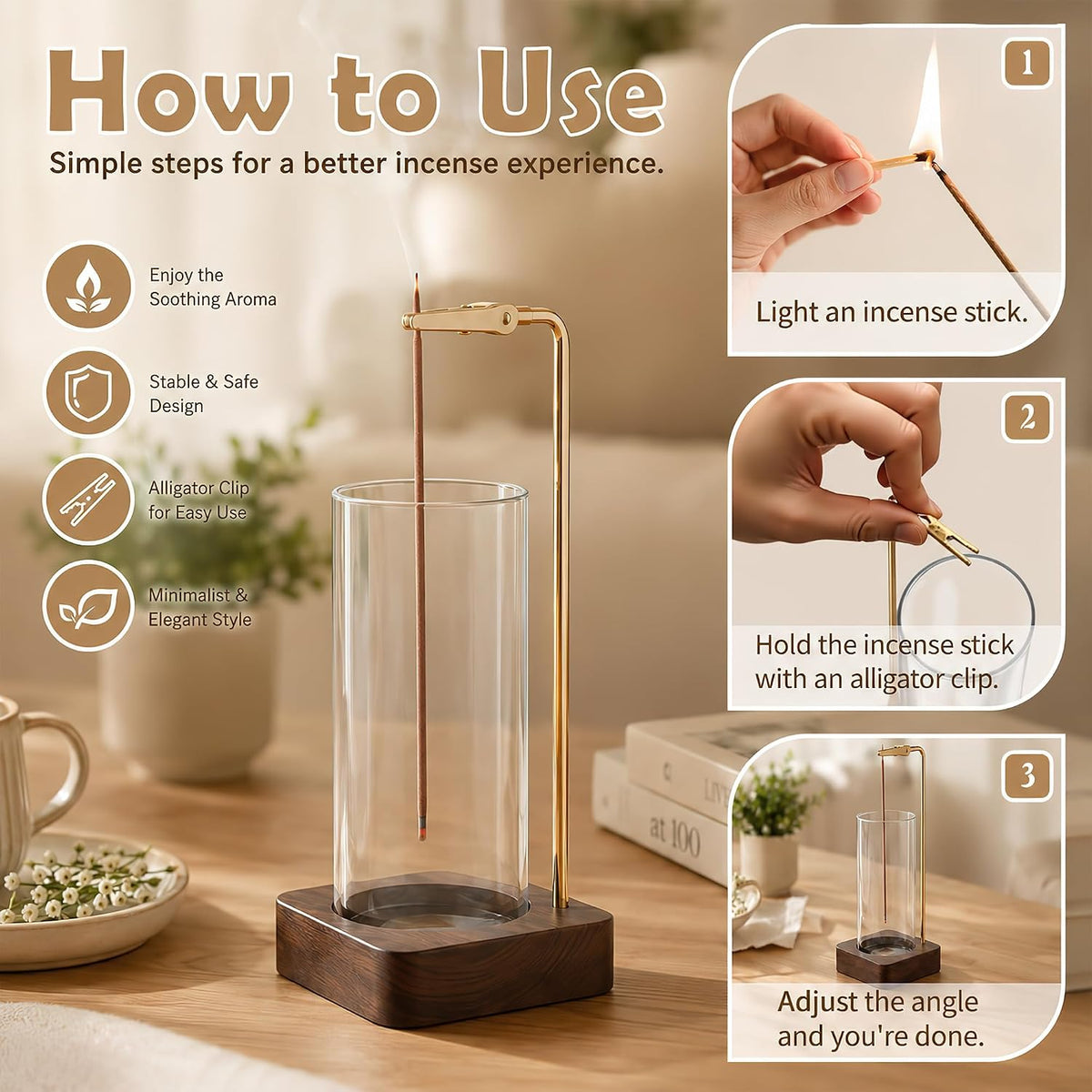 Incense Holder for Sticks with Glass Ash Catcher, Anti-Ash Flying Upside Down Insence Stick Burner, Modern Vertical Inscents-Sticks Holder for Yoga Spa Meditation Home Decor