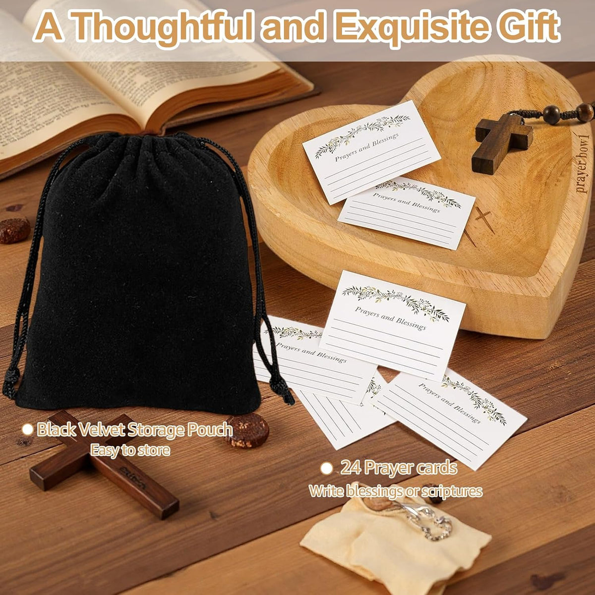 Prayer Bowl with 24 Blessing Cards, Heart Prayer Bowl Wooden