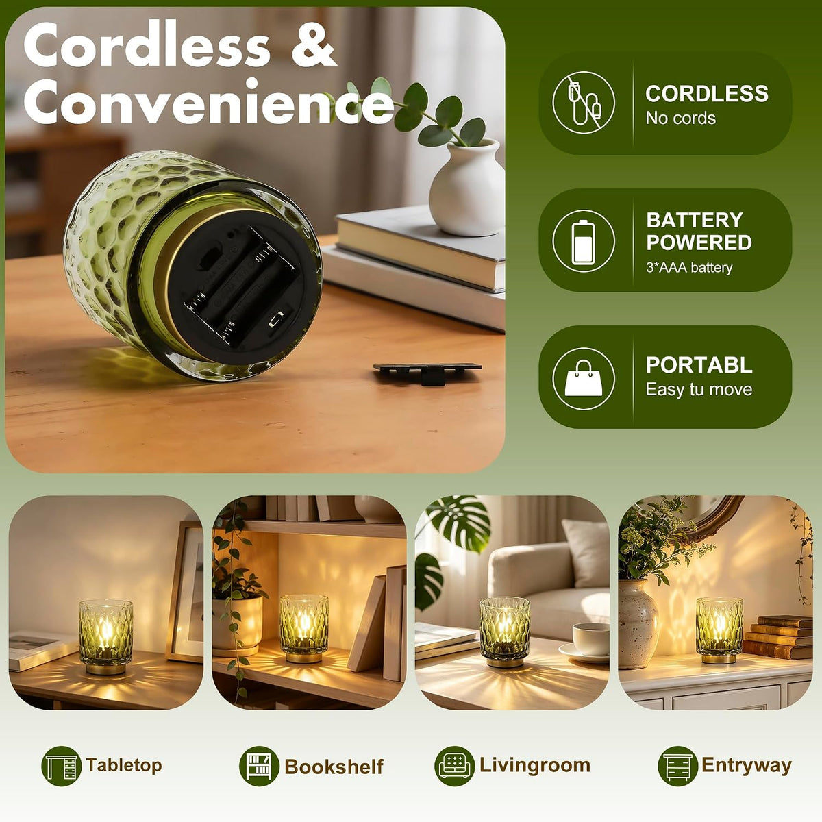 Battery Operated Table Lamp,Cordless Small Decorative Lamp,Green Gradient
